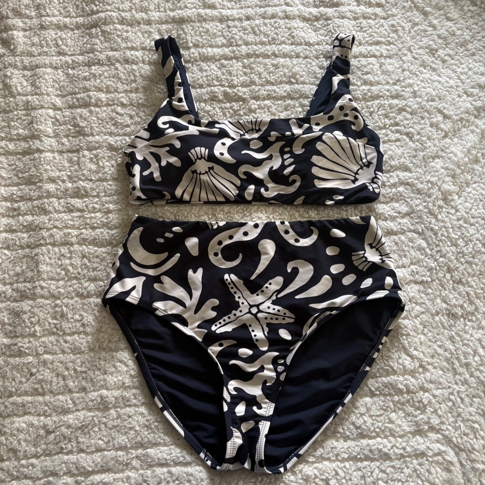 Alex Marie Womens Navy White Sea Life Starfish High Waisted Bikini Set Size M